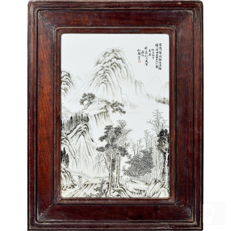 民国 钱仙槎墨彩山水瓷板 - 图1